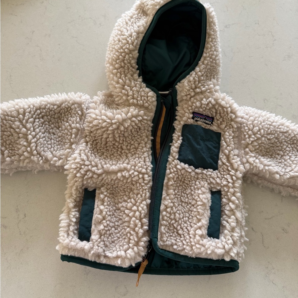Patagonia Cream Sherpa Hoodie with Dark Green Trim - Kids